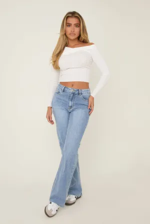 Mid Blue Washed Stretch Mid Waist Straight Leg Frayed Hem Denim Jeans - Venus