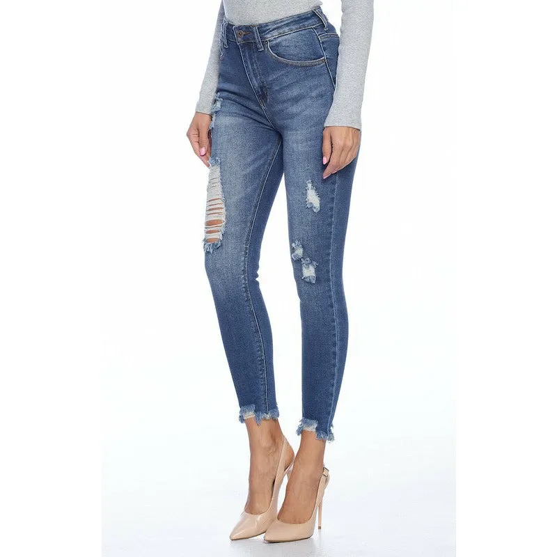 Mid High Rise Destructed Ripped Skinny Jeans