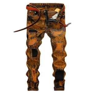 Mid Waist Jeans Vintage Jeans Straight Pants Men's Ripped Jeans