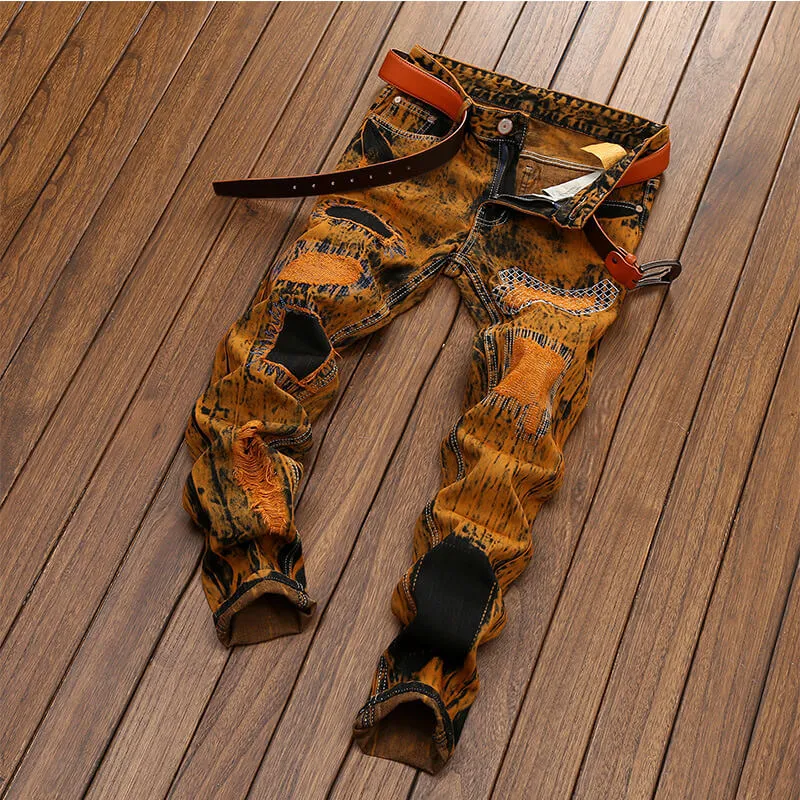 Mid Waist Jeans Vintage Jeans Straight Pants Men's Ripped Jeans
