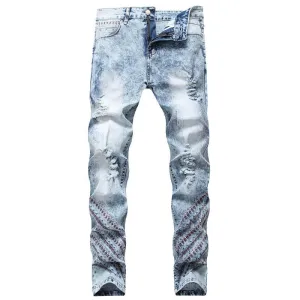 Mid Waisted Jeans Embroider Straight Pants Men's Ripped Jeans