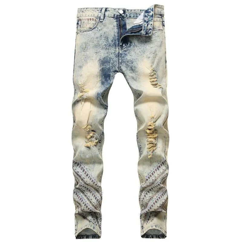 Mid Waisted Jeans Embroider Straight Pants Men's Ripped Jeans