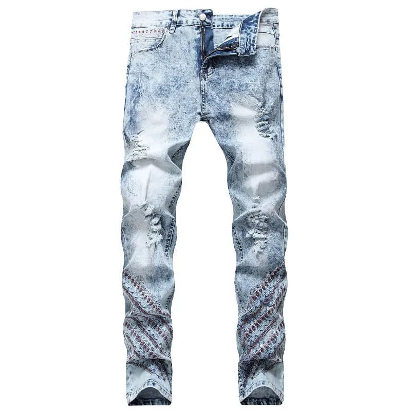 Mid Waisted Jeans Embroider Straight Pants Men's Ripped Jeans