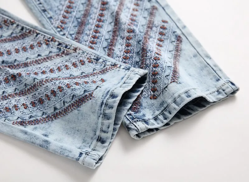 Mid Waisted Jeans Embroider Straight Pants Men's Ripped Jeans