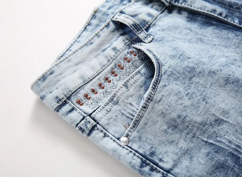 Mid Waisted Jeans Embroider Straight Pants Men's Ripped Jeans