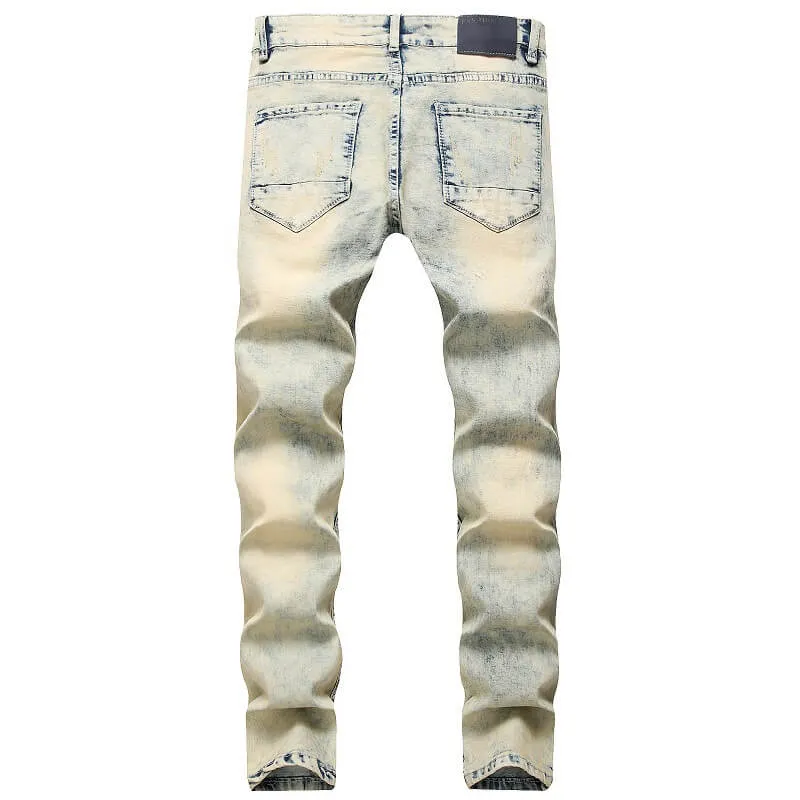 Mid Waisted Jeans Embroider Straight Pants Men's Ripped Jeans