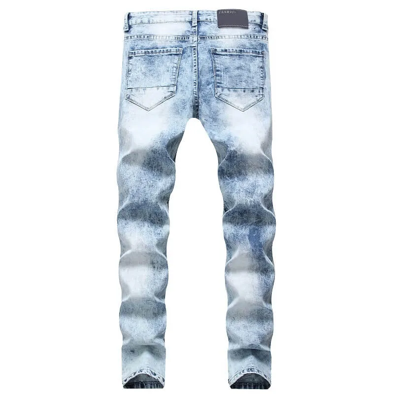 Mid Waisted Jeans Embroider Straight Pants Men's Ripped Jeans