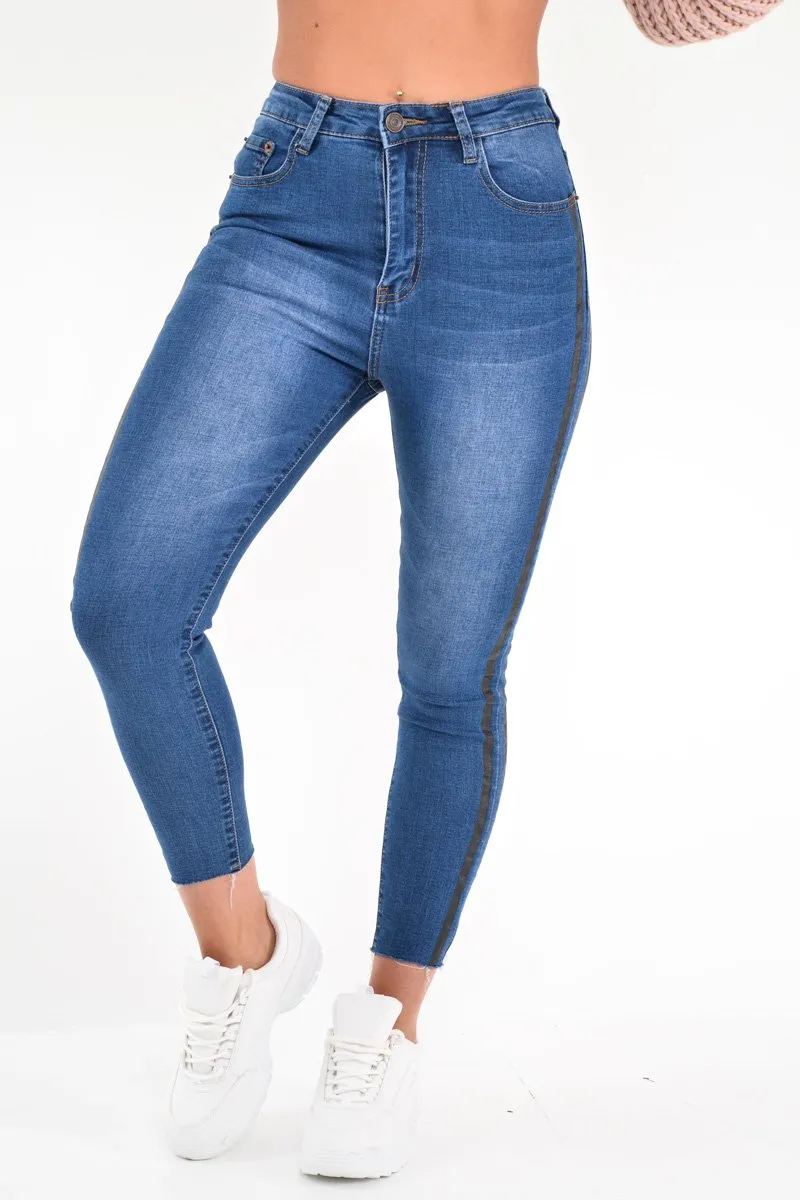 Mid Wash Contrast Stripe Skinny Jeans - Ezzie