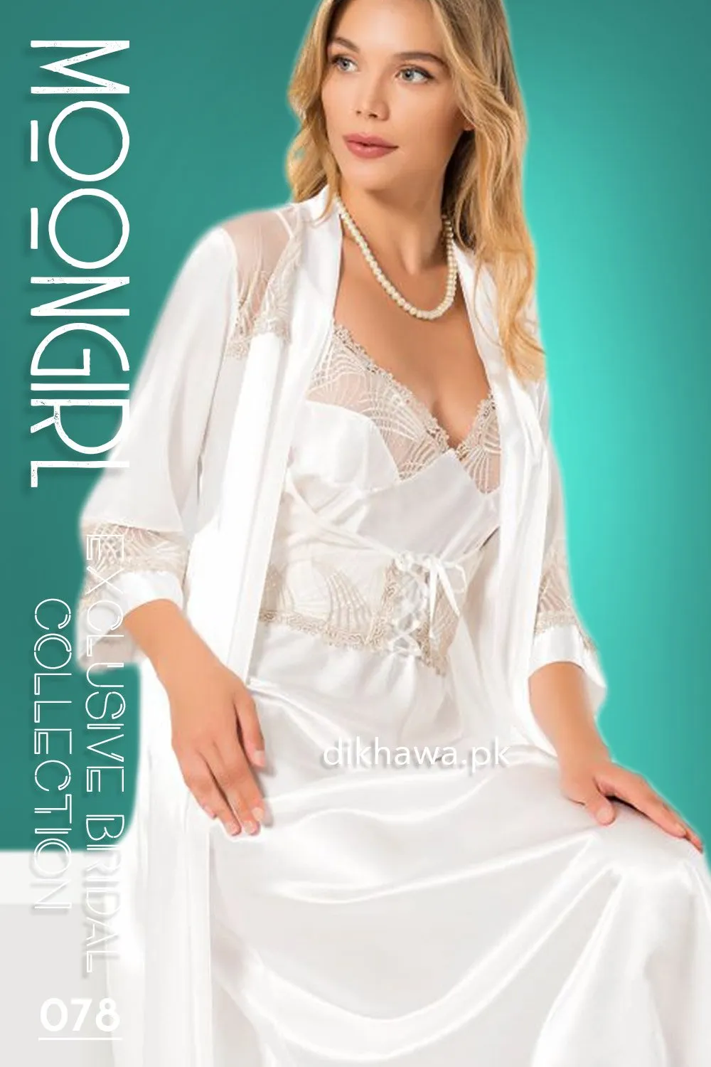 Moongirl - Exclusive Bridal 2Pc Long Nighty Set with Robe - Wedding Nightwear 078 - Turkish Brand