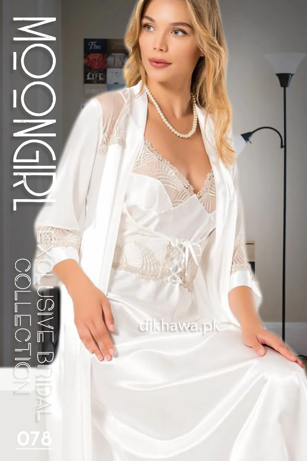 Moongirl - Exclusive Bridal 2Pc Long Nighty Set with Robe - Wedding Nightwear 078 - Turkish Brand