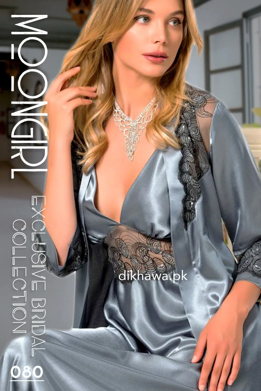 Moongirl - Exclusive Bridal 2Pc Long Nighty Set with Robe - Wedding Nightwear 080 - Turkish Brand