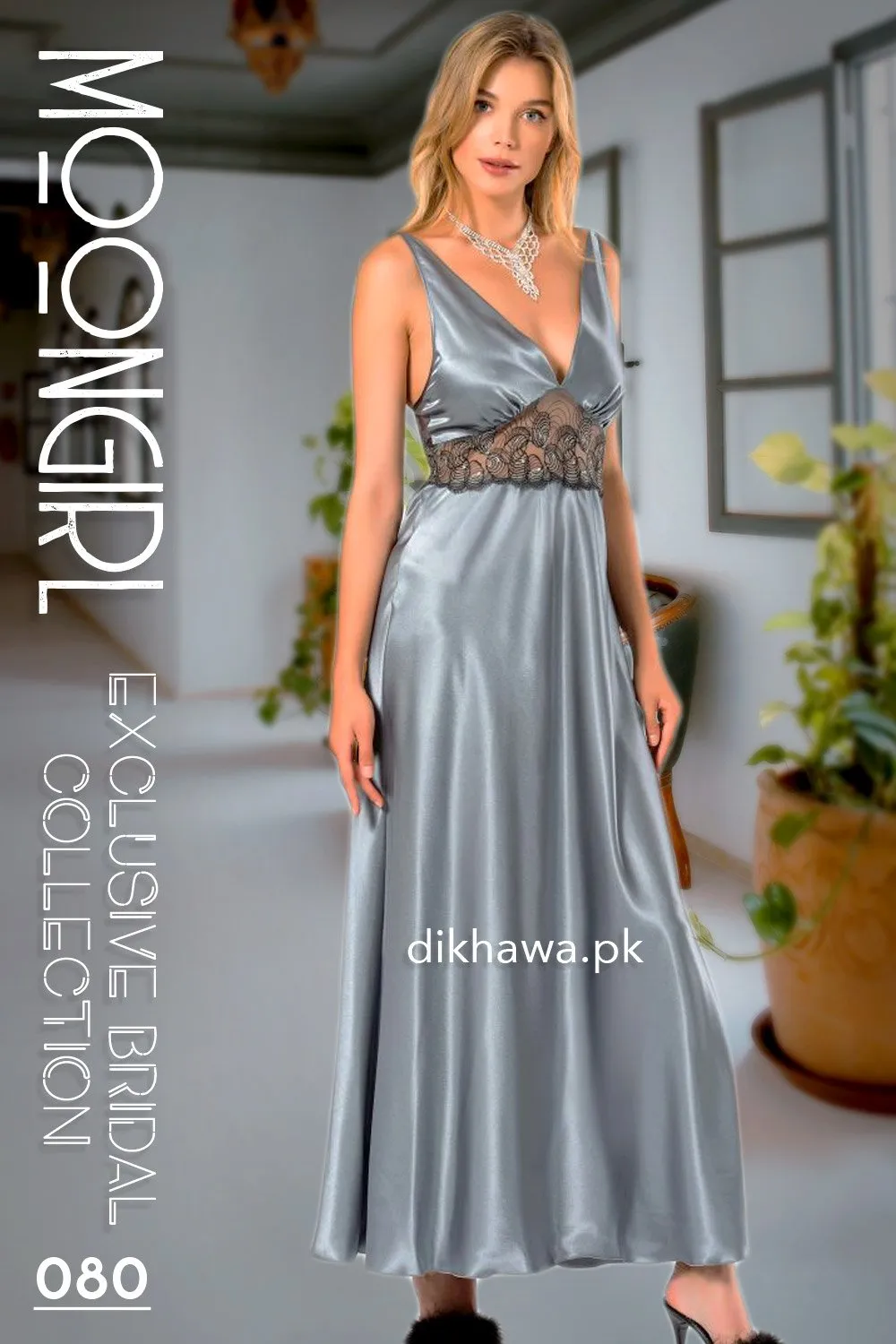 Moongirl - Exclusive Bridal 2Pc Long Nighty Set with Robe - Wedding Nightwear 080 - Turkish Brand
