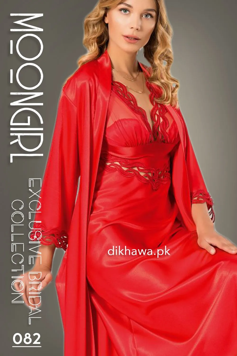 Moongirl - Exclusive Bridal 2Pc Long Nighty Set with Robe - Wedding Nightwear 082 - Turkish Brand
