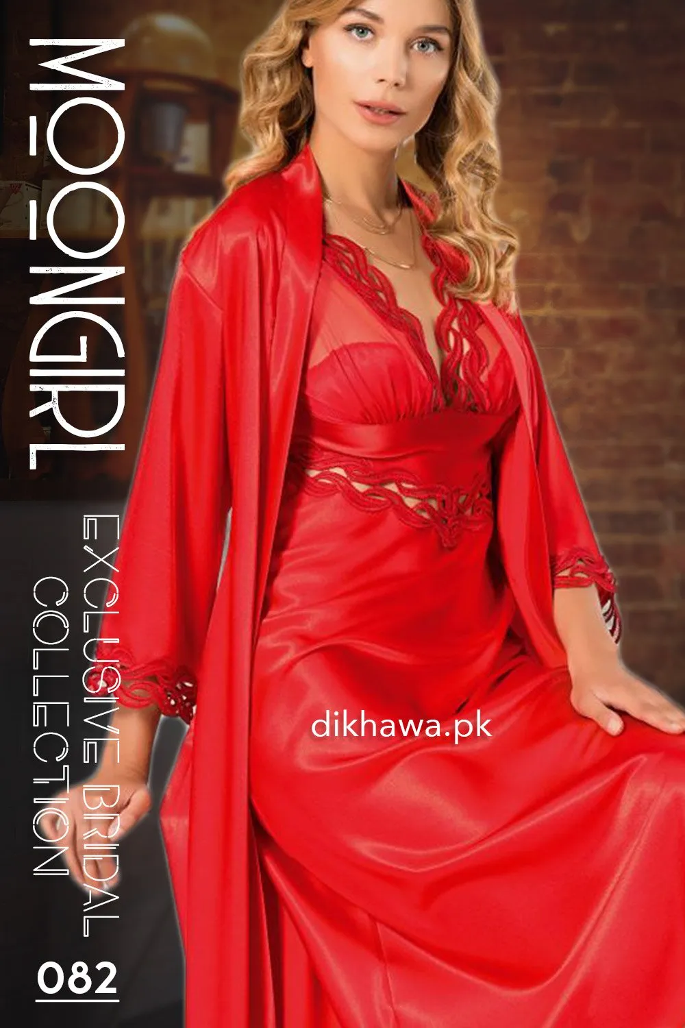 Moongirl - Exclusive Bridal 2Pc Long Nighty Set with Robe - Wedding Nightwear 082 - Turkish Brand