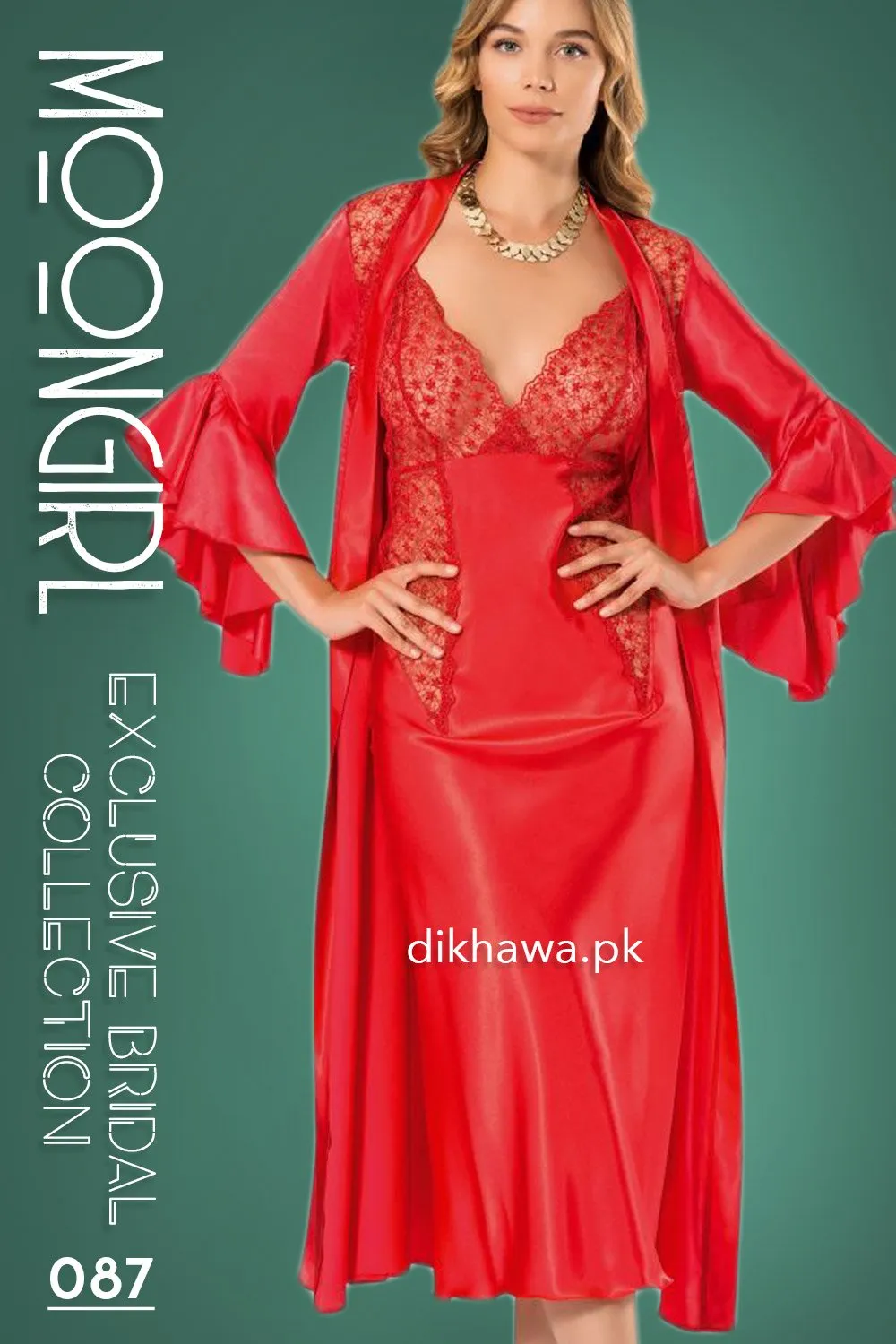 Moongirl - Exclusive Bridal 2Pc Long Nighty Set with Robe - Wedding Nighty Set 087 - Turkish Brand