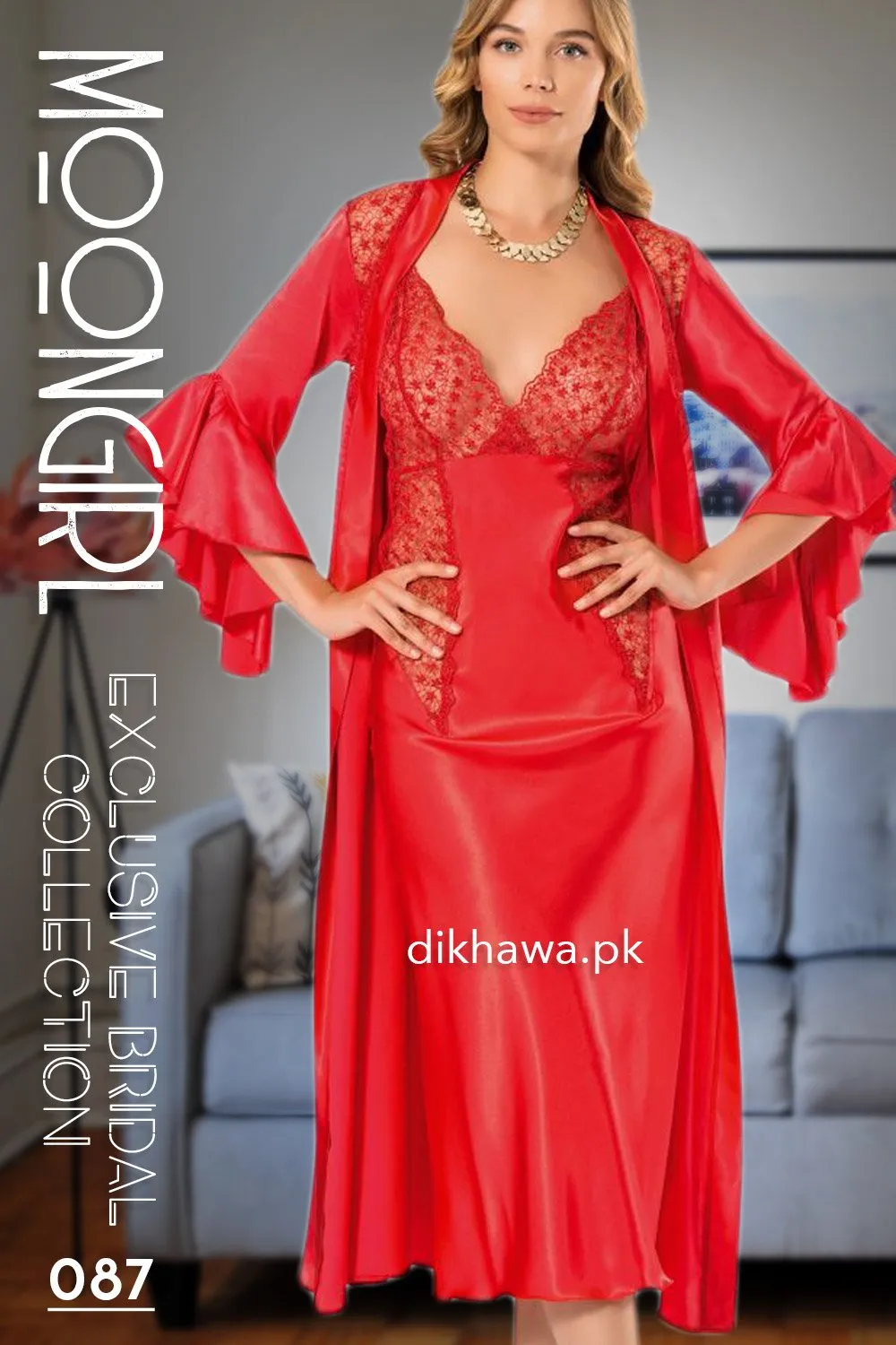 Moongirl - Exclusive Bridal 2Pc Long Nighty Set with Robe - Wedding Nighty Set 087 - Turkish Brand
