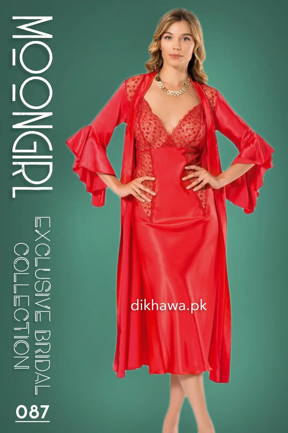 Moongirl - Exclusive Bridal 2Pc Long Nighty Set with Robe - Wedding Nighty Set 087 - Turkish Brand