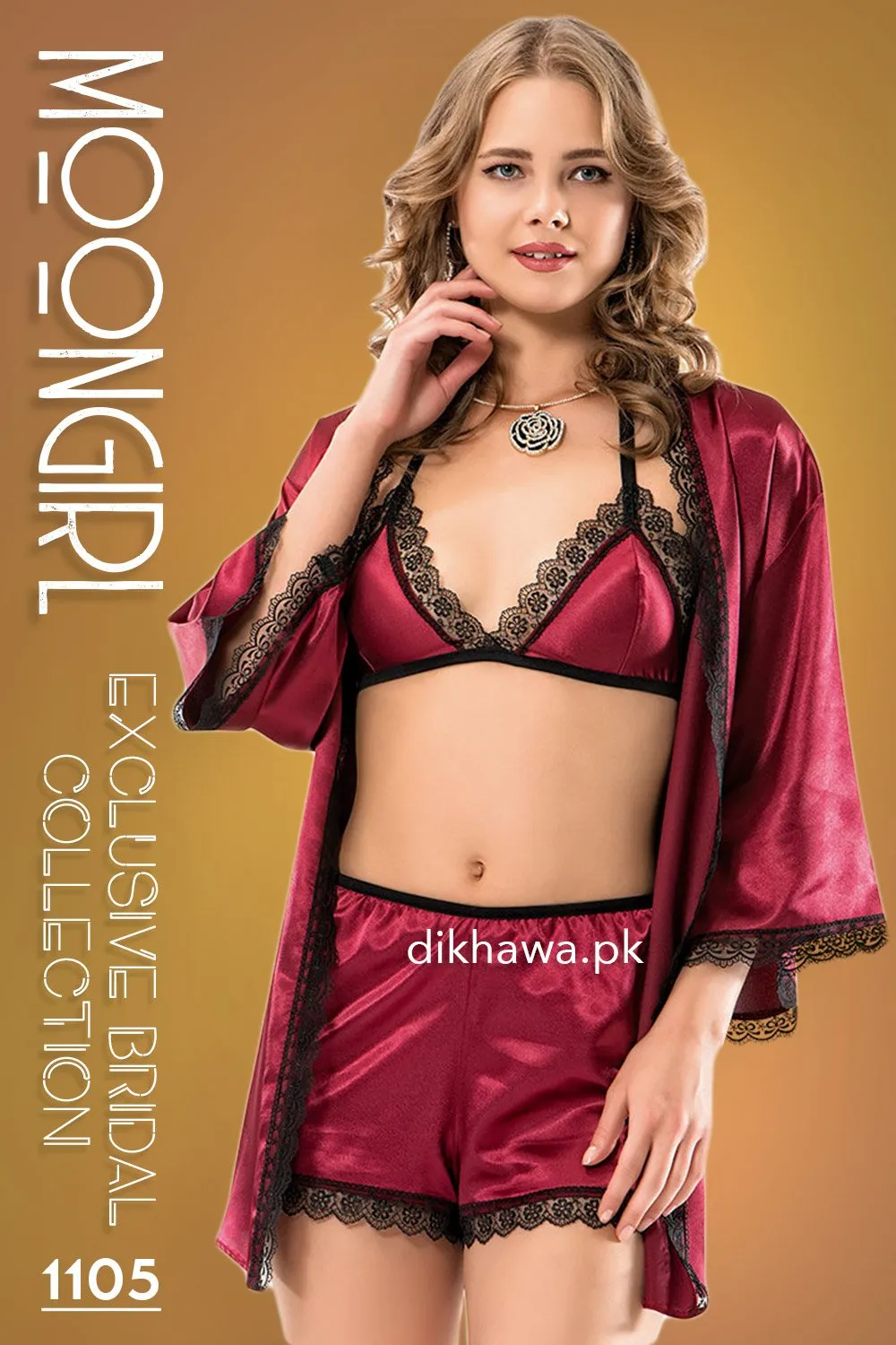 Moongirl - Exclusive Bridal Wedding Honeymoon 3Pc Short Nighty Cami Set 1105 - Turkish Brand