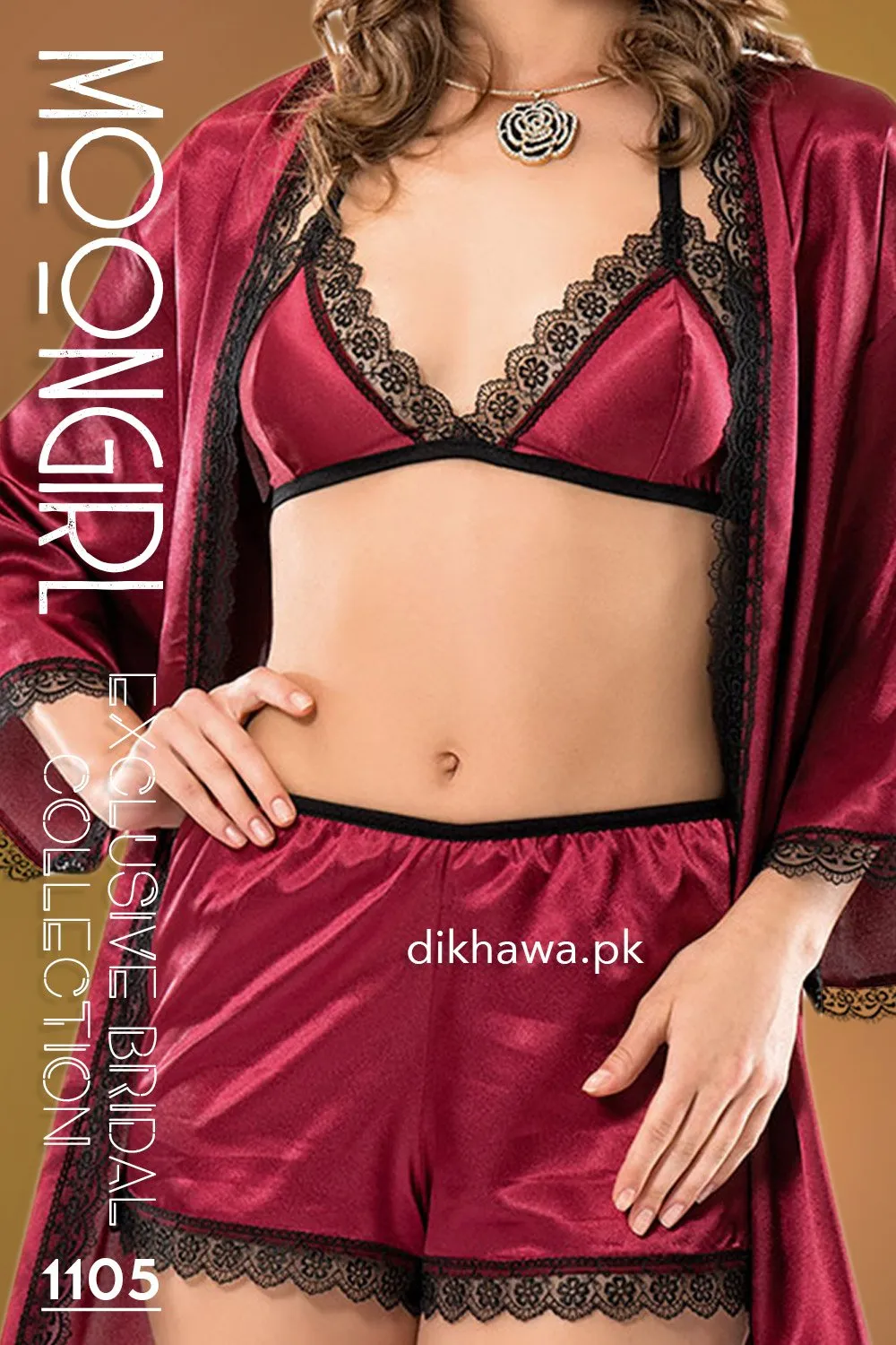 Moongirl - Exclusive Bridal Wedding Honeymoon 3Pc Short Nighty Cami Set 1105 - Turkish Brand