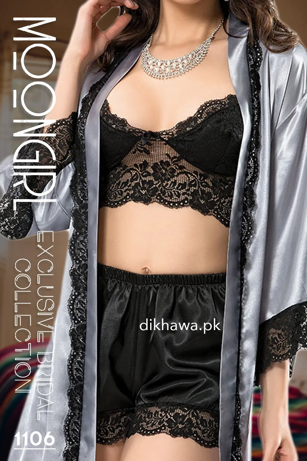 Moongirl - Exclusive Bridal Wedding Honeymoon 3Pc Short Nighty Cami Set 1106 - Turkish Brand