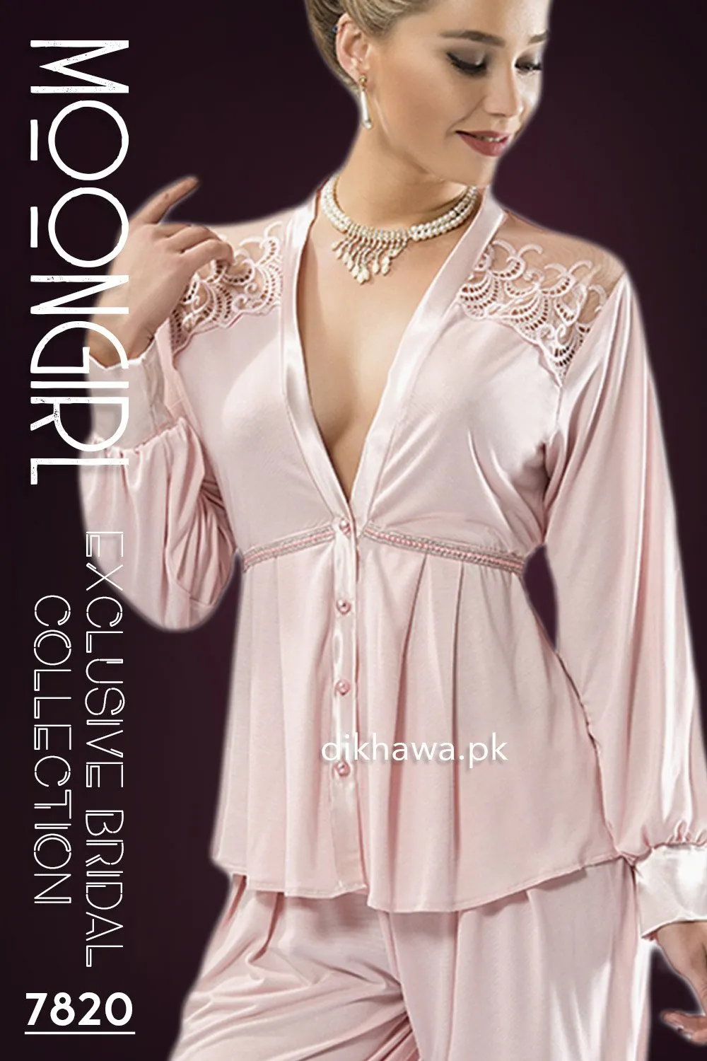 Moongirl - Exclusive Bridal Wedding Nightdress & 2Pc Pajama Set Rose Pink 7820 - Turkish Brand
