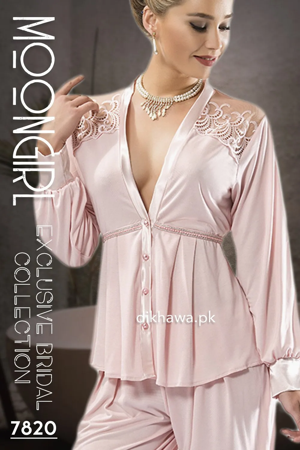 Moongirl - Exclusive Bridal Wedding Nightdress & 2Pc Pajama Set Rose Pink 7820 - Turkish Brand