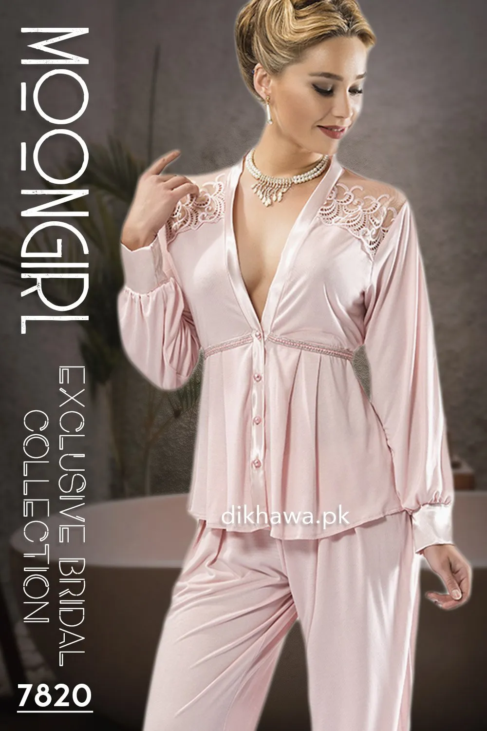 Moongirl - Exclusive Bridal Wedding Nightdress & 2Pc Pajama Set Rose Pink 7820 - Turkish Brand