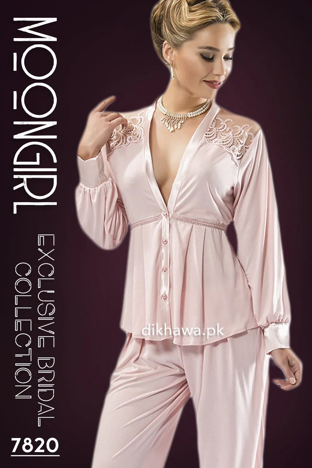 Moongirl - Exclusive Bridal Wedding Nightdress & 2Pc Pajama Set Rose Pink 7820 - Turkish Brand