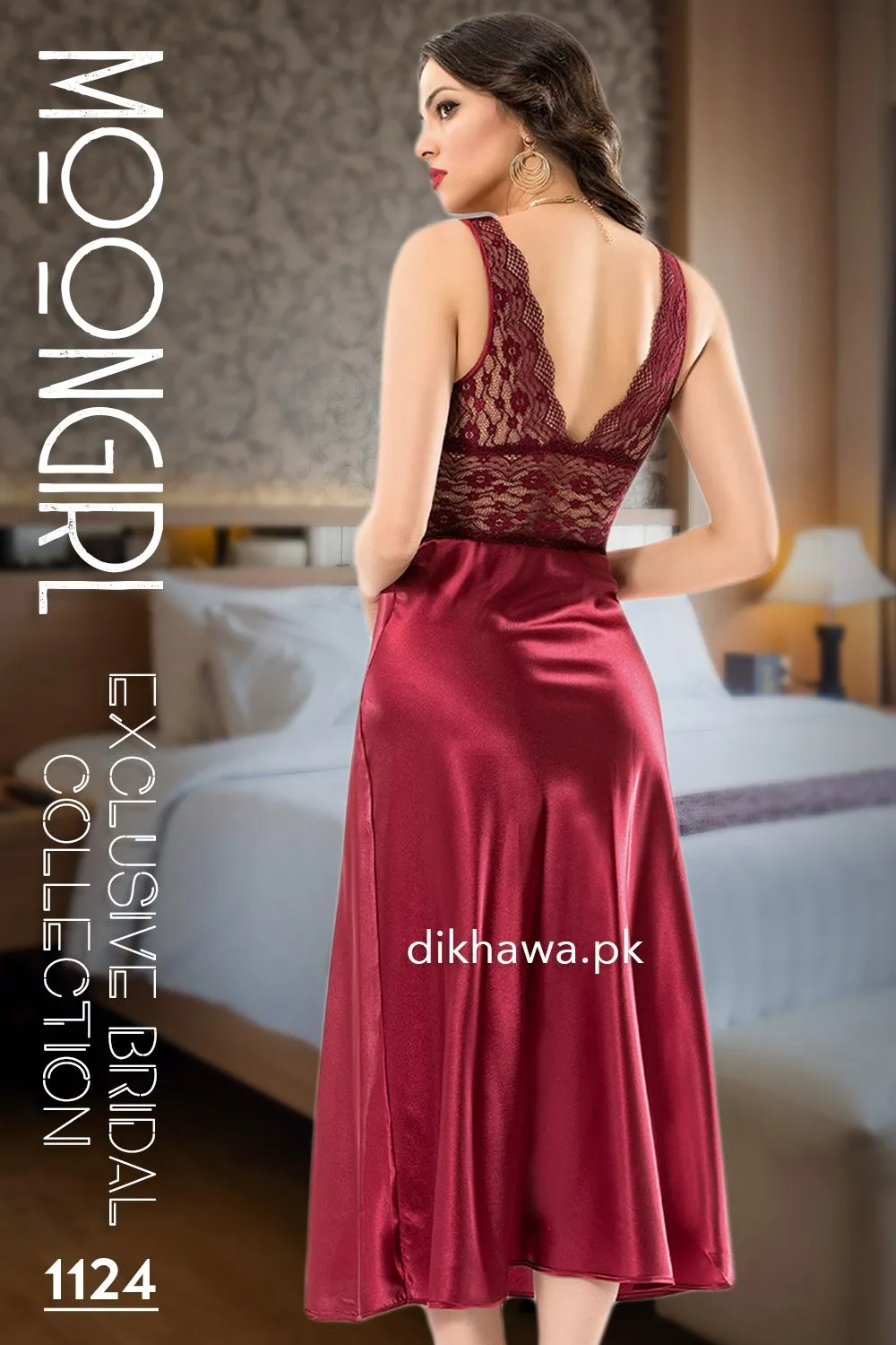 Moongirl - Exclusive Bridal Wedding Nightwear 2Pc Long Nighty Set with Robe 1124 - Turkish Brand