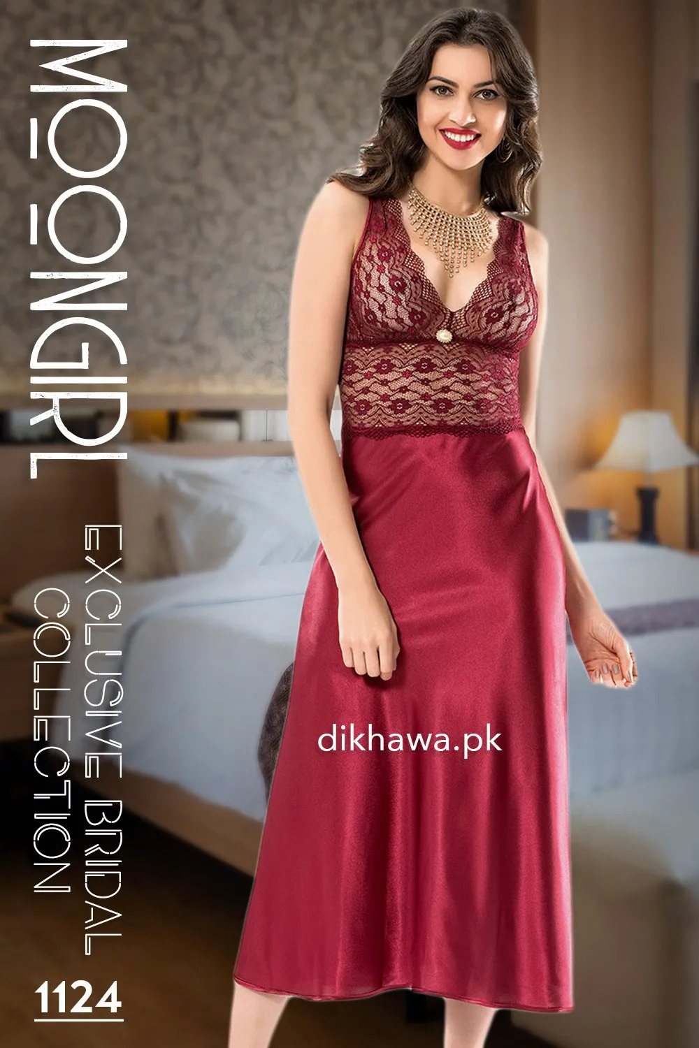 Moongirl - Exclusive Bridal Wedding Nightwear 2Pc Long Nighty Set with Robe 1124 - Turkish Brand