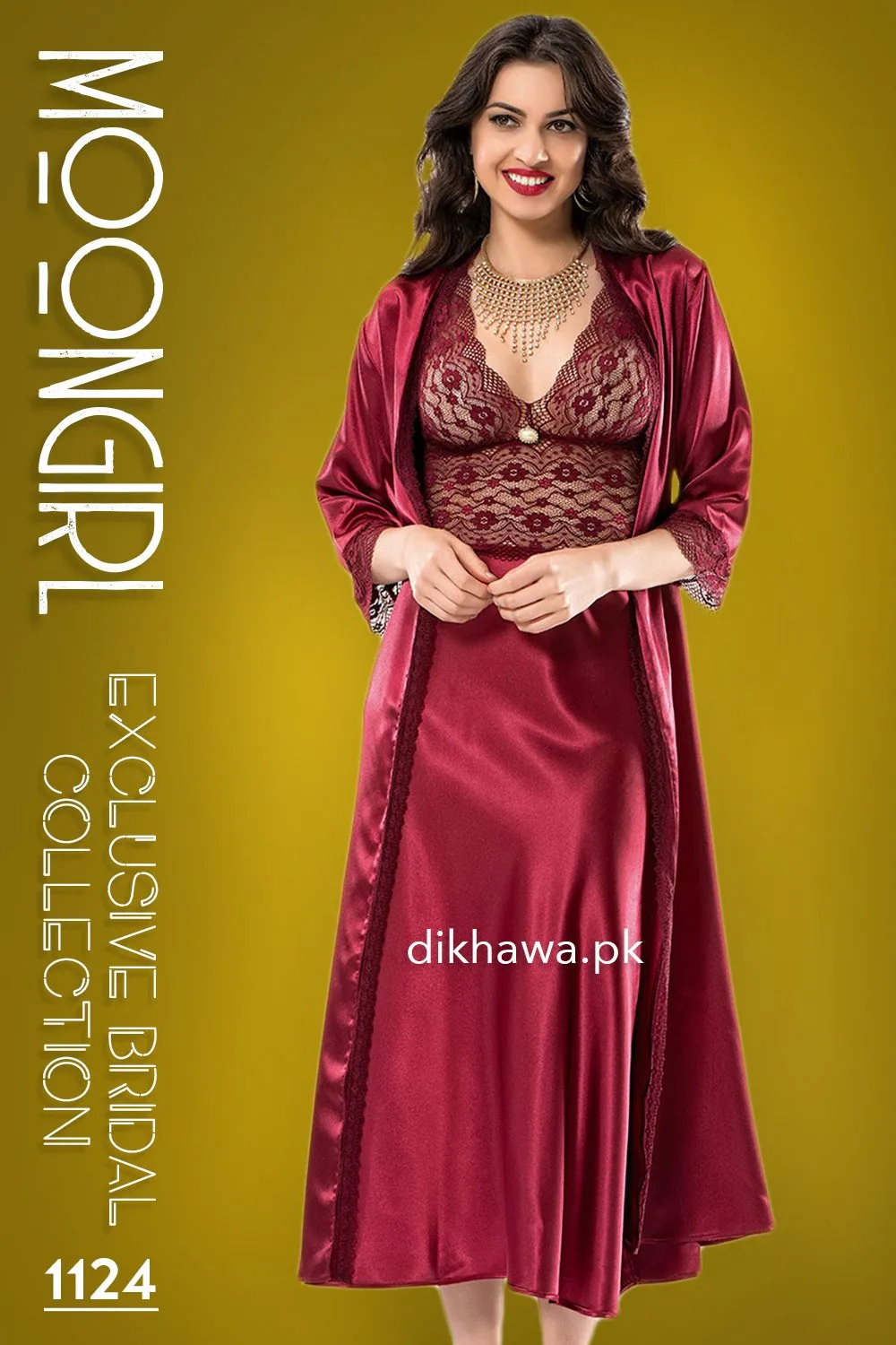 Moongirl - Exclusive Bridal Wedding Nightwear 2Pc Long Nighty Set with Robe 1124 - Turkish Brand