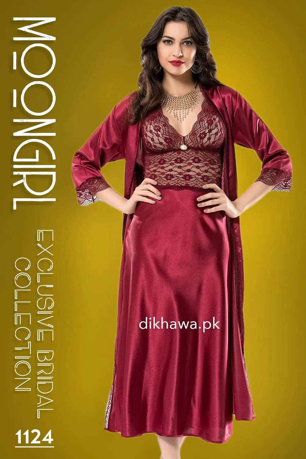 Moongirl - Exclusive Bridal Wedding Nightwear 2Pc Long Nighty Set with Robe 1124 - Turkish Brand