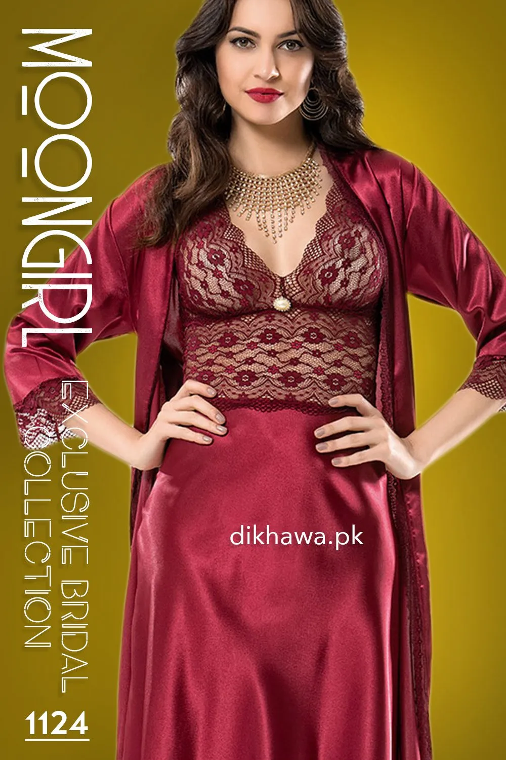 Moongirl - Exclusive Bridal Wedding Nightwear 2Pc Long Nighty Set with Robe 1124 - Turkish Brand