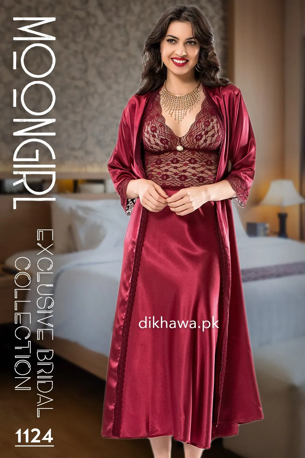 Moongirl - Exclusive Bridal Wedding Nightwear 2Pc Long Nighty Set with Robe 1124 - Turkish Brand