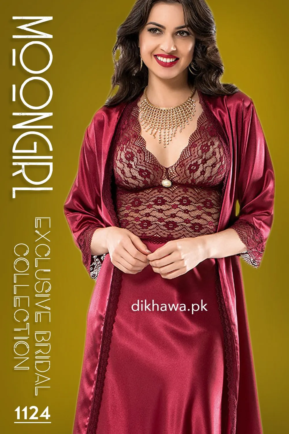 Moongirl - Exclusive Bridal Wedding Nightwear 2Pc Long Nighty Set with Robe 1124 - Turkish Brand
