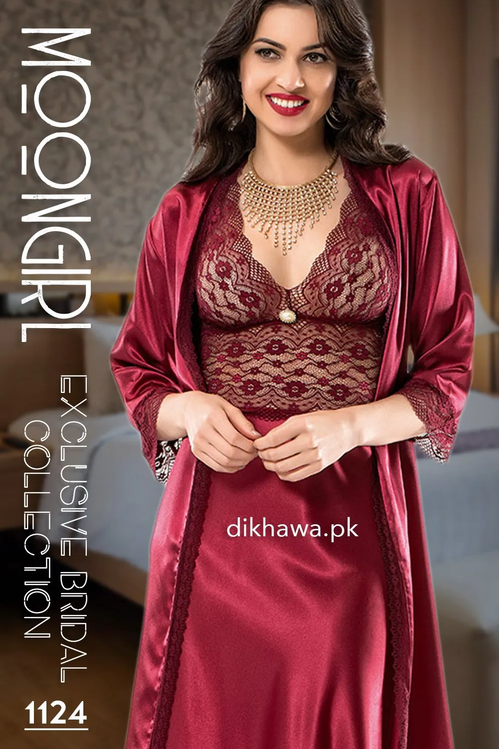 Moongirl - Exclusive Bridal Wedding Nightwear 2Pc Long Nighty Set with Robe 1124 - Turkish Brand