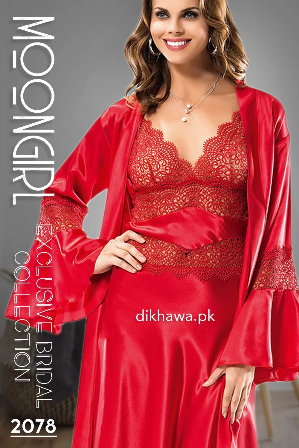 Moongirl - Exclusive Bridal Wedding Nightwear 2Pc Long Nighty Set with Robe 2078 - Turkish Brand
