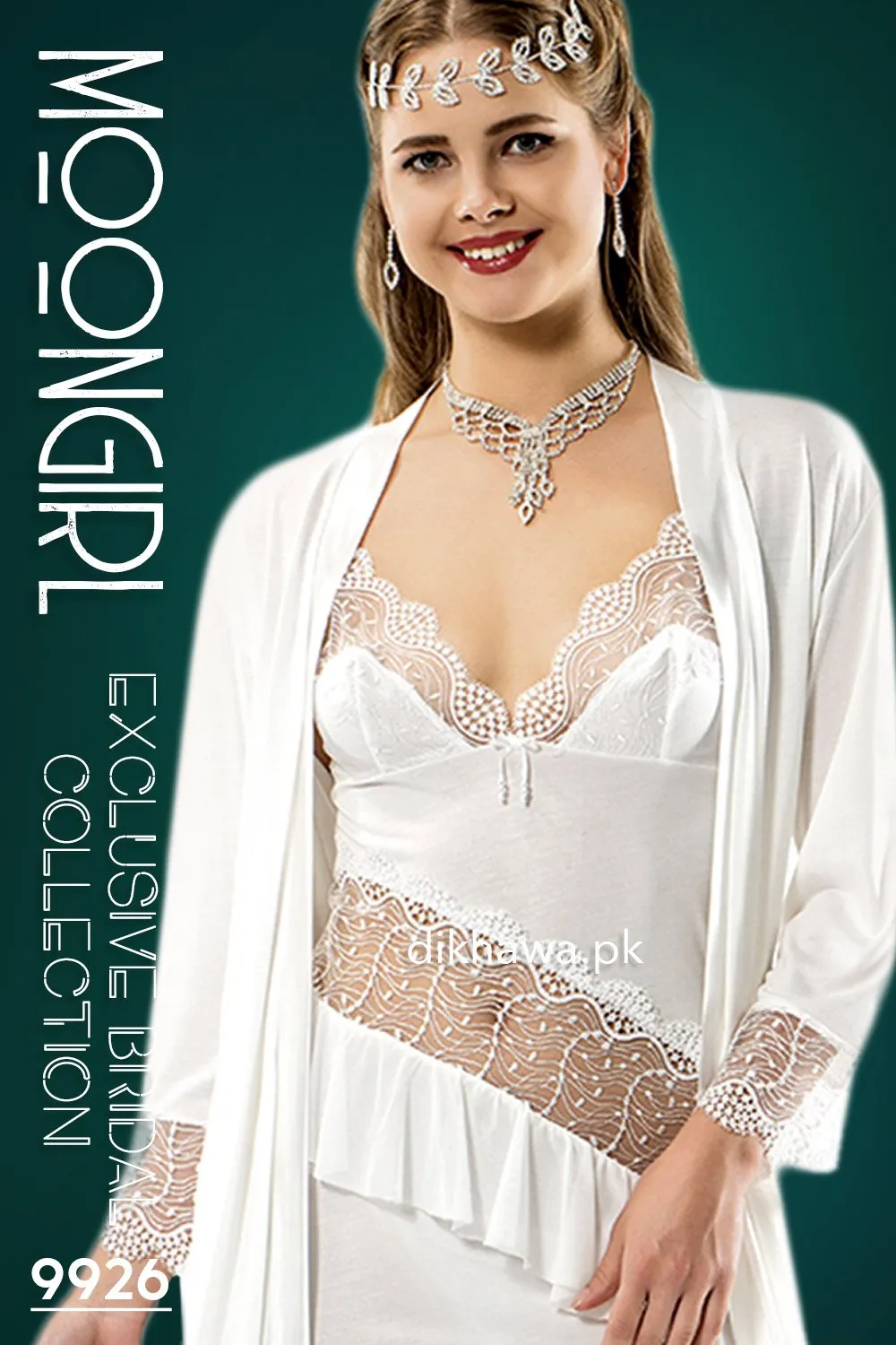 Moongirl - Exclusive Bridal Wedding Nightwear 2Pc Long Nighty Set with Robe 9926 - Turkish Brand