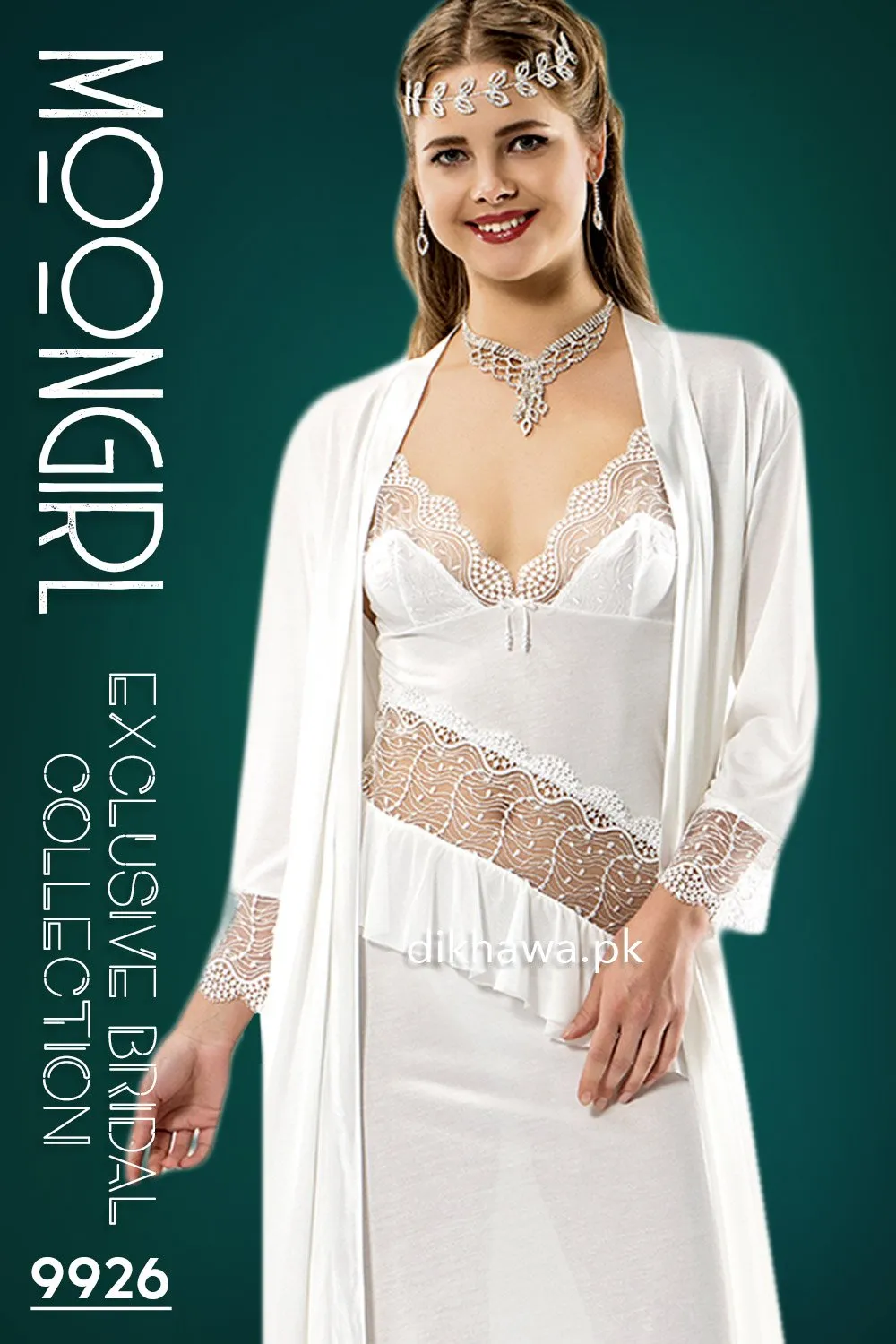 Moongirl - Exclusive Bridal Wedding Nightwear 2Pc Long Nighty Set with Robe 9926 - Turkish Brand