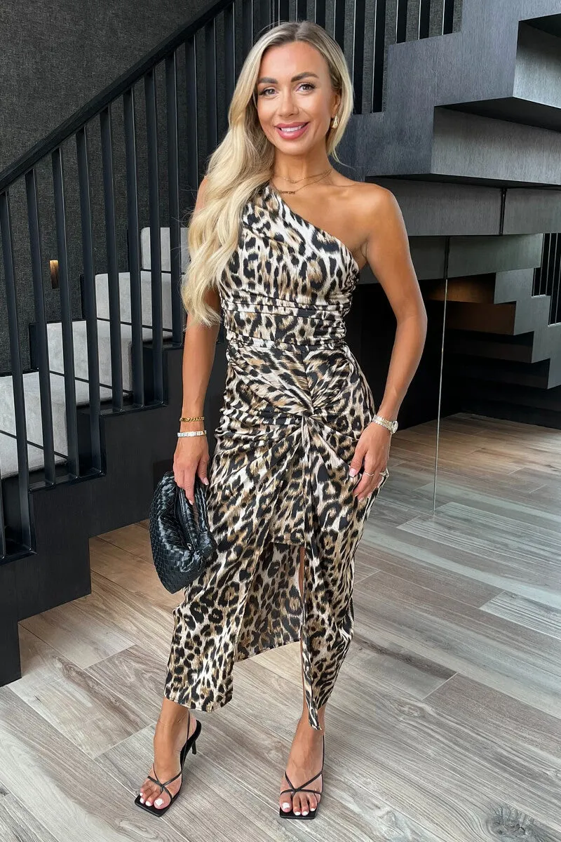 Multi Leopard Print One Shoulder Knot Skirt Satin Midi Dress