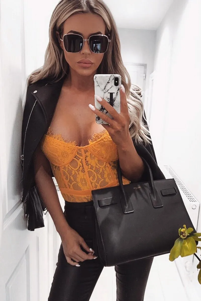 Mustard Lace Flower Bodysuit - Faylen