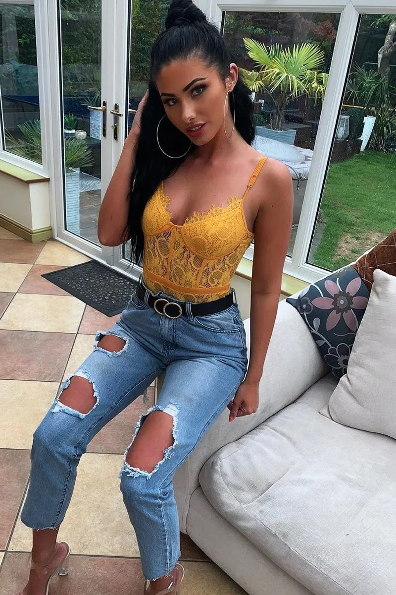 Mustard Lace Flower Bodysuit - Faylen