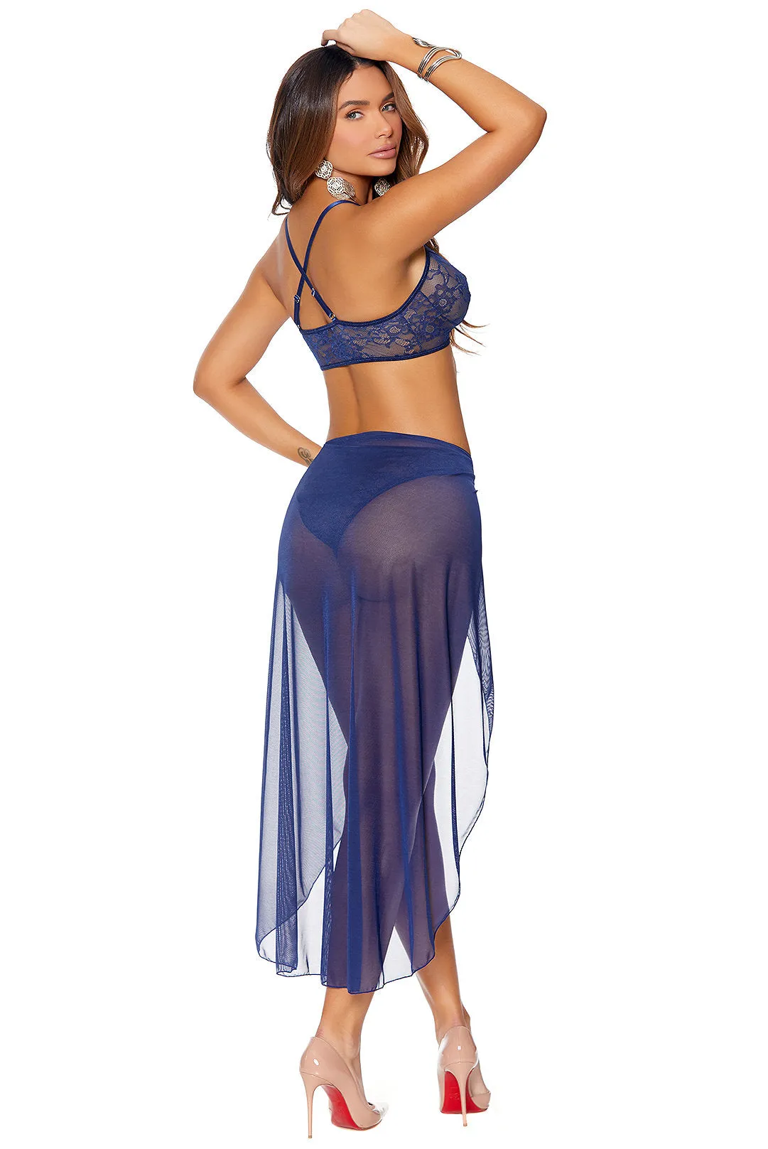 Navy Blue Lingerie Set, Bralette, Panty and Sheer High Low Skirt