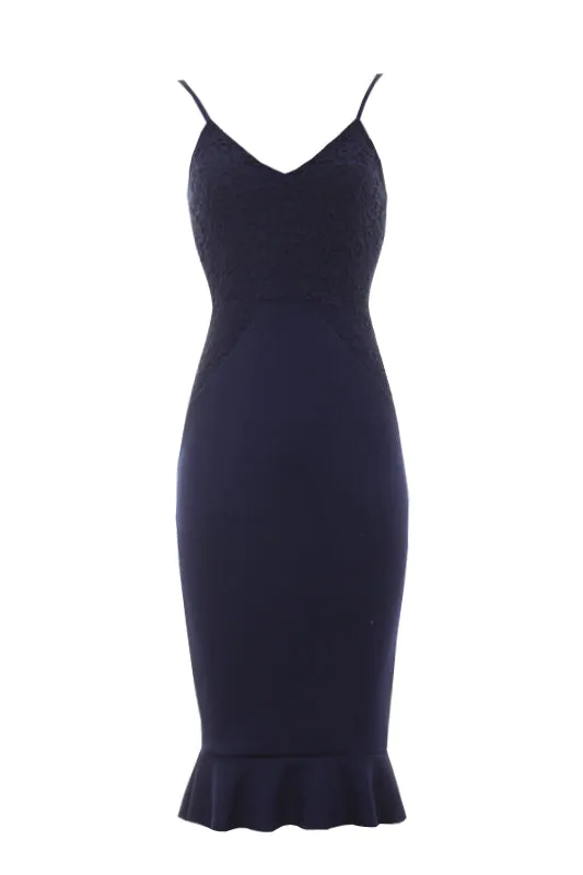 Navy Crochet Detail Frill Midi Dress