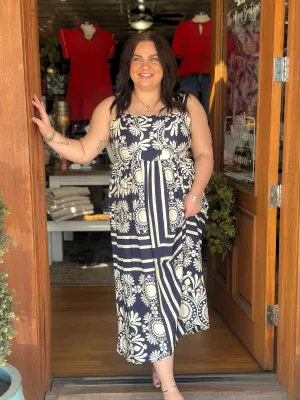 Navy Scarf Print Midi Dress