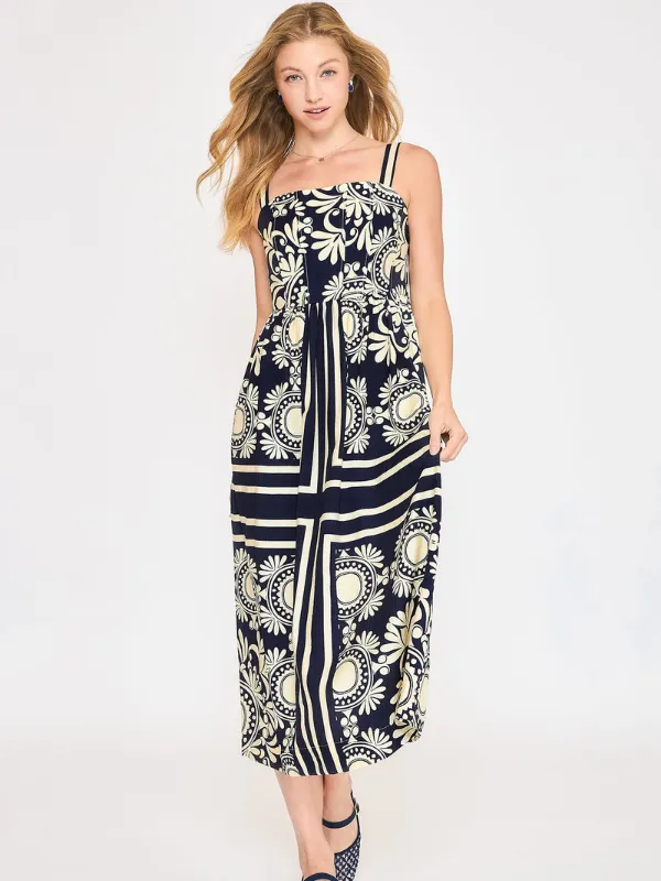 Navy Scarf Print Midi Dress