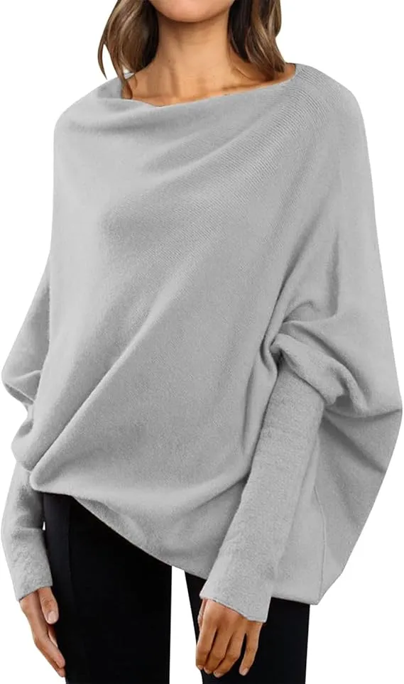 NEW Asymmetric Draped Jumper Baggy Sweater, Fall Sweaters Oversized Off The Shoulder Sweater for Women One Shoulder Tops Elegant Pullover Sweatshirts, Grey, One Size