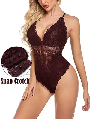 New Avidlove Women Deep V Lingerie Snap Crotch Teddy Sexy Lace Bodysuit in Chocolate Brown, Sz M!