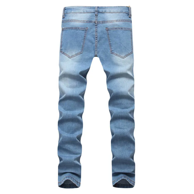 New Basic Men's Ripped Jeans Elasticity Mid Waist Straight Pants