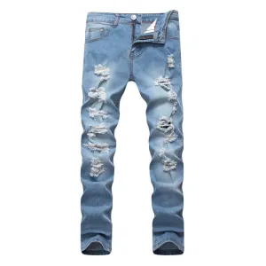 New Basic Men's Ripped Jeans Elasticity Mid Waist Straight Pants